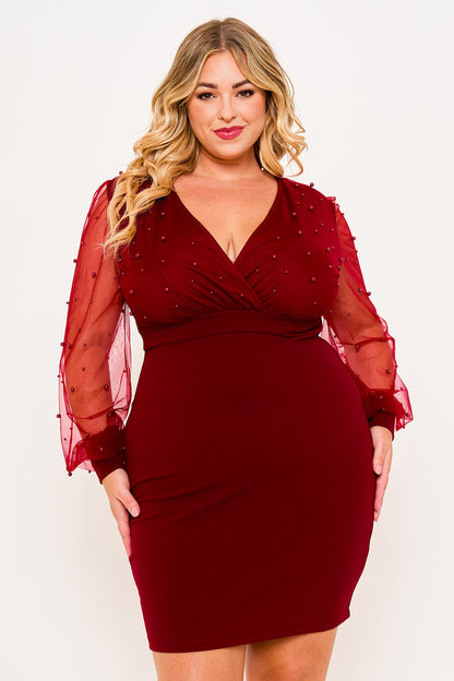 Plus Size Night Out Symphony Dress - Pearl Beaded Mesh Mini Dress