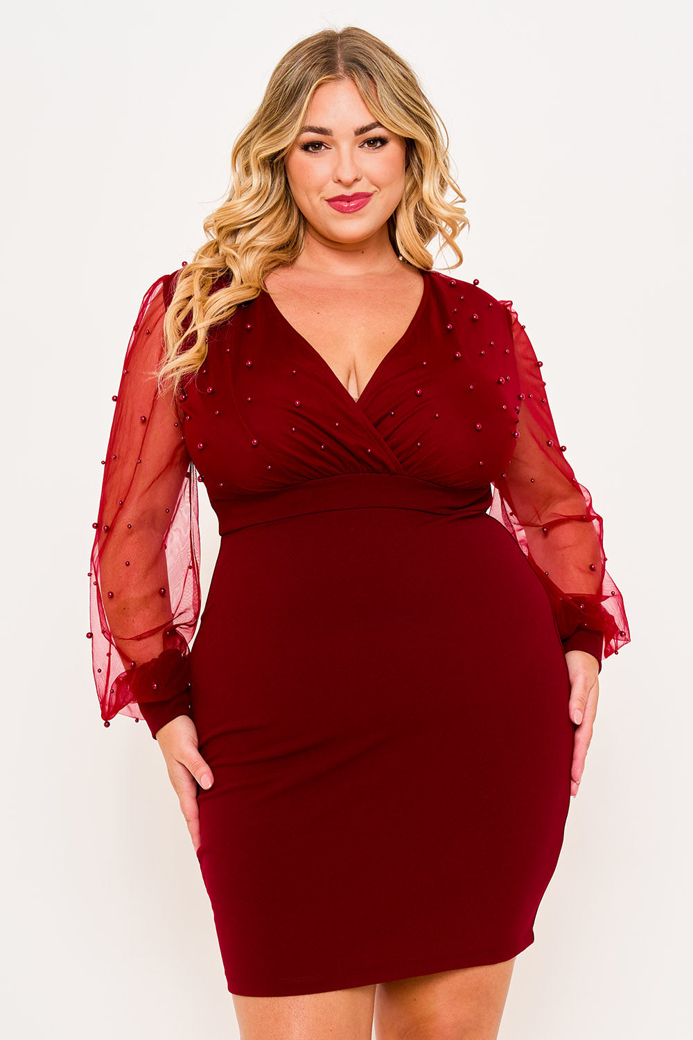 Plus Size Night Out Symphony Dress - Pearl Beaded Mesh Mini Dress