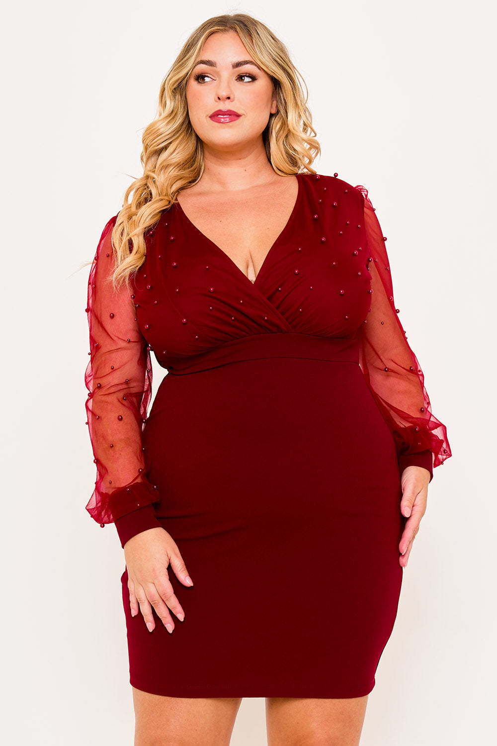 Plus Size Night Out Symphony Dress - Pearl Beaded Mesh Mini Dress