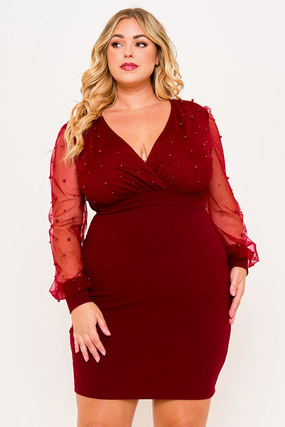 Plus Size Night Out Symphony Dress - Pearl Beaded Mesh Mini Dress
