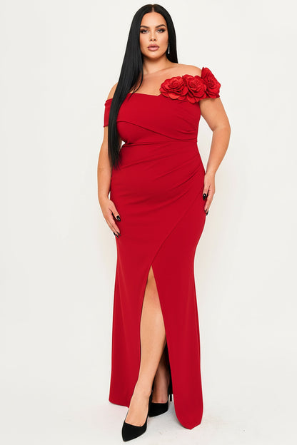 Symphony Dress - Flower Corsage On One Side Off The Shoulder Plus Size Maxi Dress
