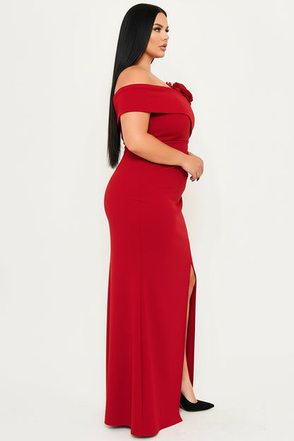 Symphony Dress - Flower Corsage On One Side Off The Shoulder Plus Size Maxi Dress