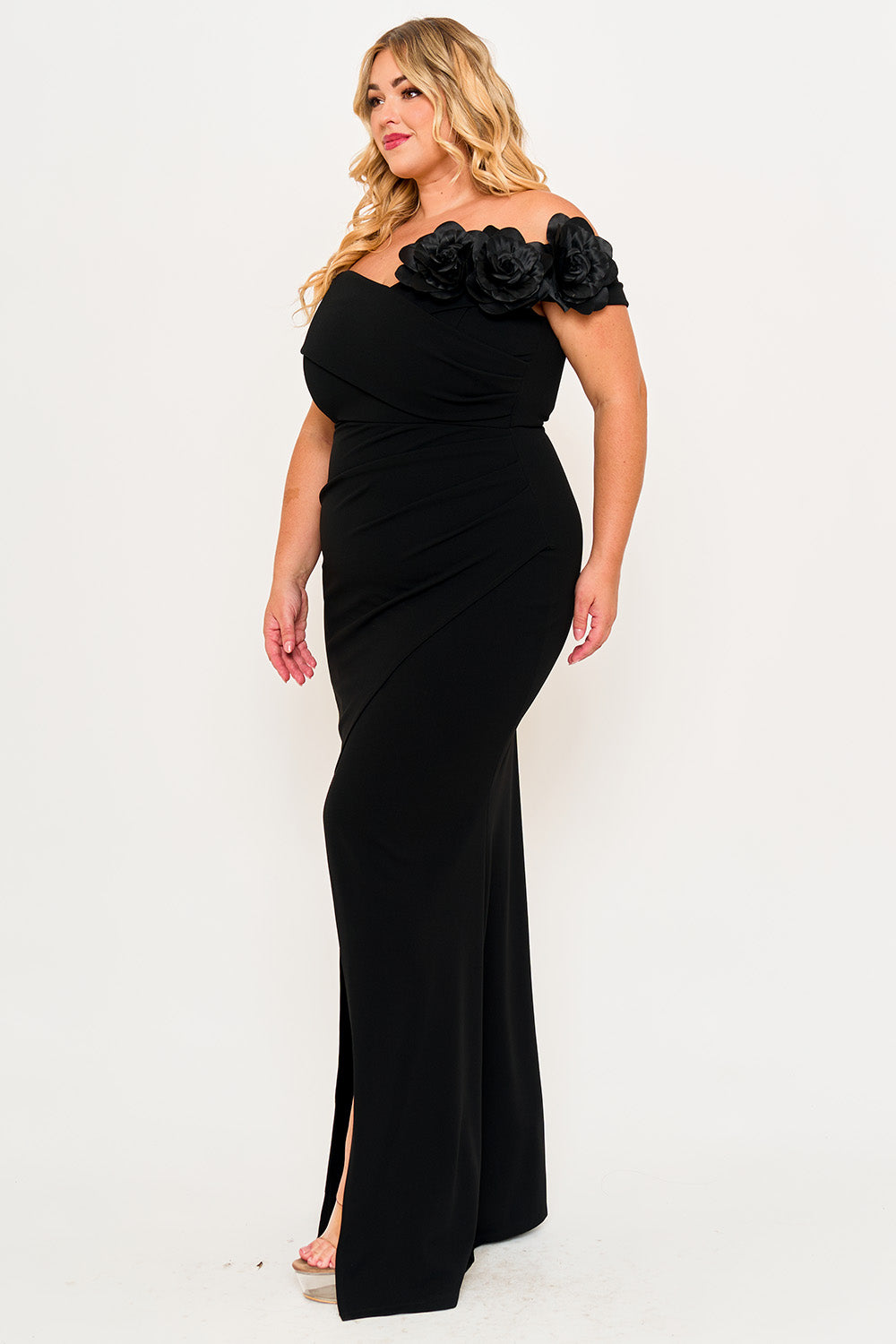 Symphony Dress - Flower Corsage On One Side Off The Shoulder Plus Size Maxi Dress