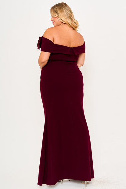 Symphony Dress - Flower Corsage On One Side Off The Shoulder Plus Size Maxi Dress