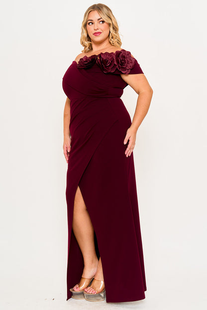 Symphony Dress - Flower Corsage On One Side Off The Shoulder Plus Size Maxi Dress