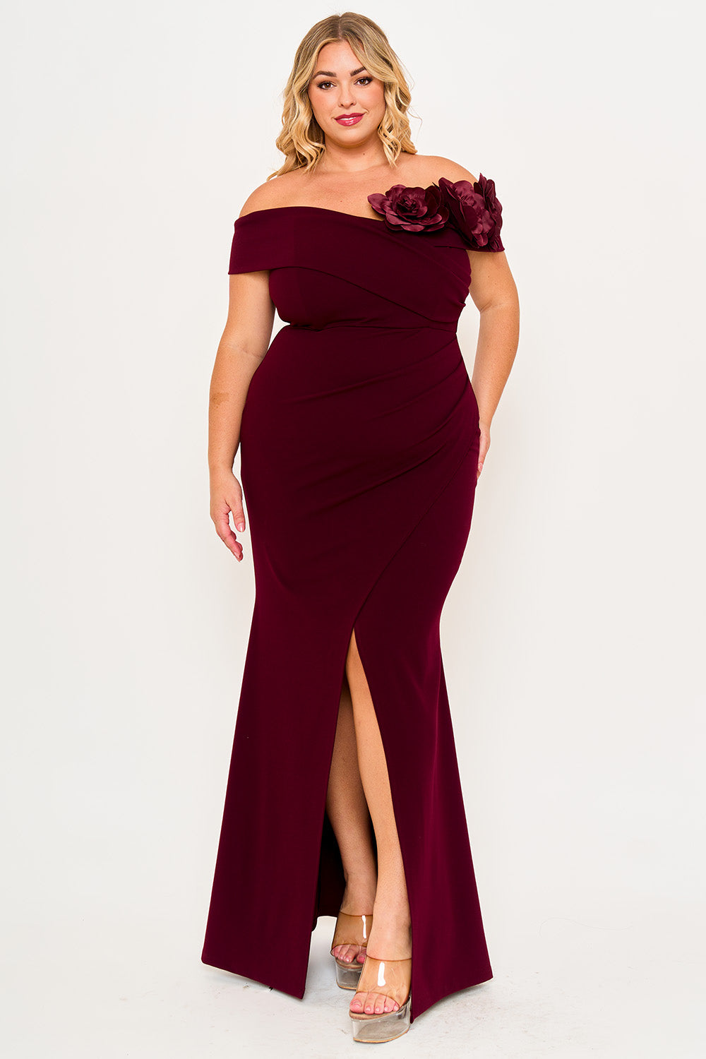 Symphony Dress - Flower Corsage On One Side Off The Shoulder Plus Size Maxi Dress