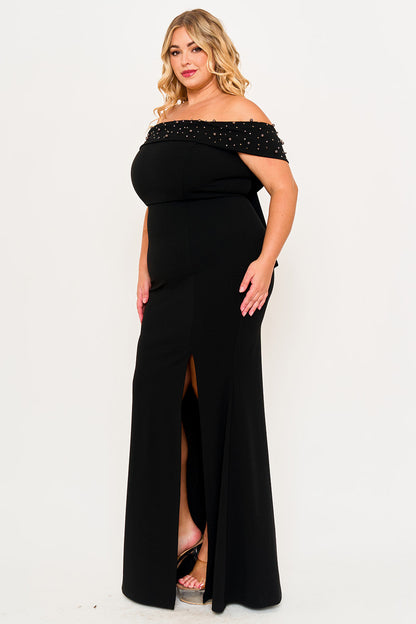 Symphony Dress - Pearl Beaded Detail Off The Shoulder Mermaid Plus Size Maxi Dress