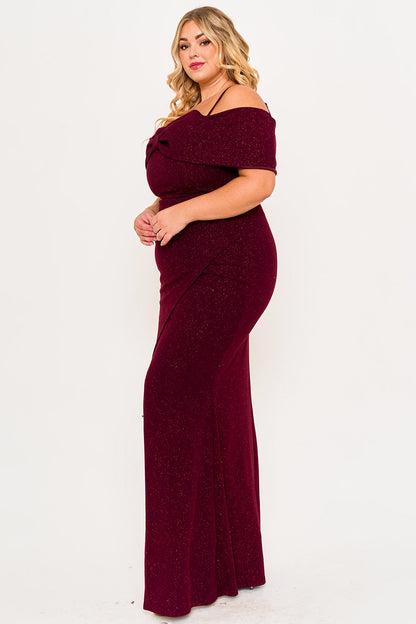 Symphony Dress - Glitter Bow Front Open Shoulder Plus Size Maxi Dress