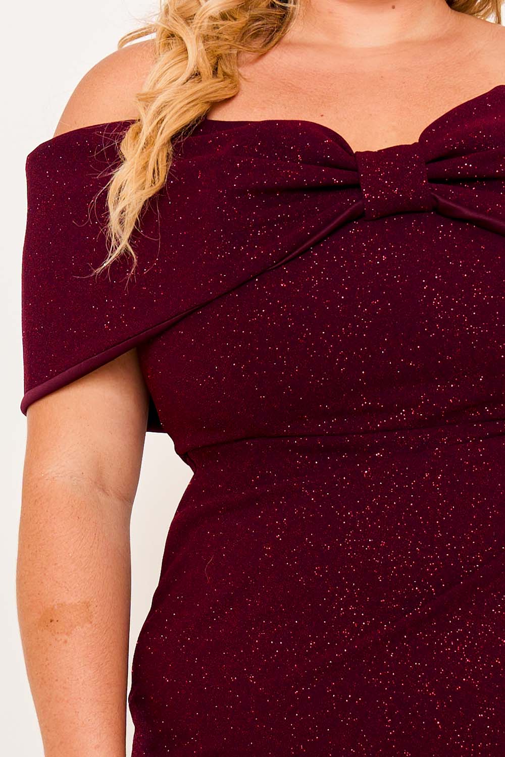 Symphony Dress - Glitter Bow Front Open Shoulder Plus Size Maxi Dress