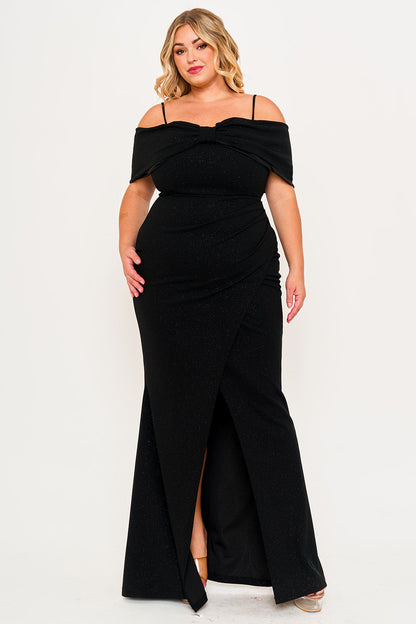 Symphony Dress - Glitter Bow Front Open Shoulder Plus Size Maxi Dress