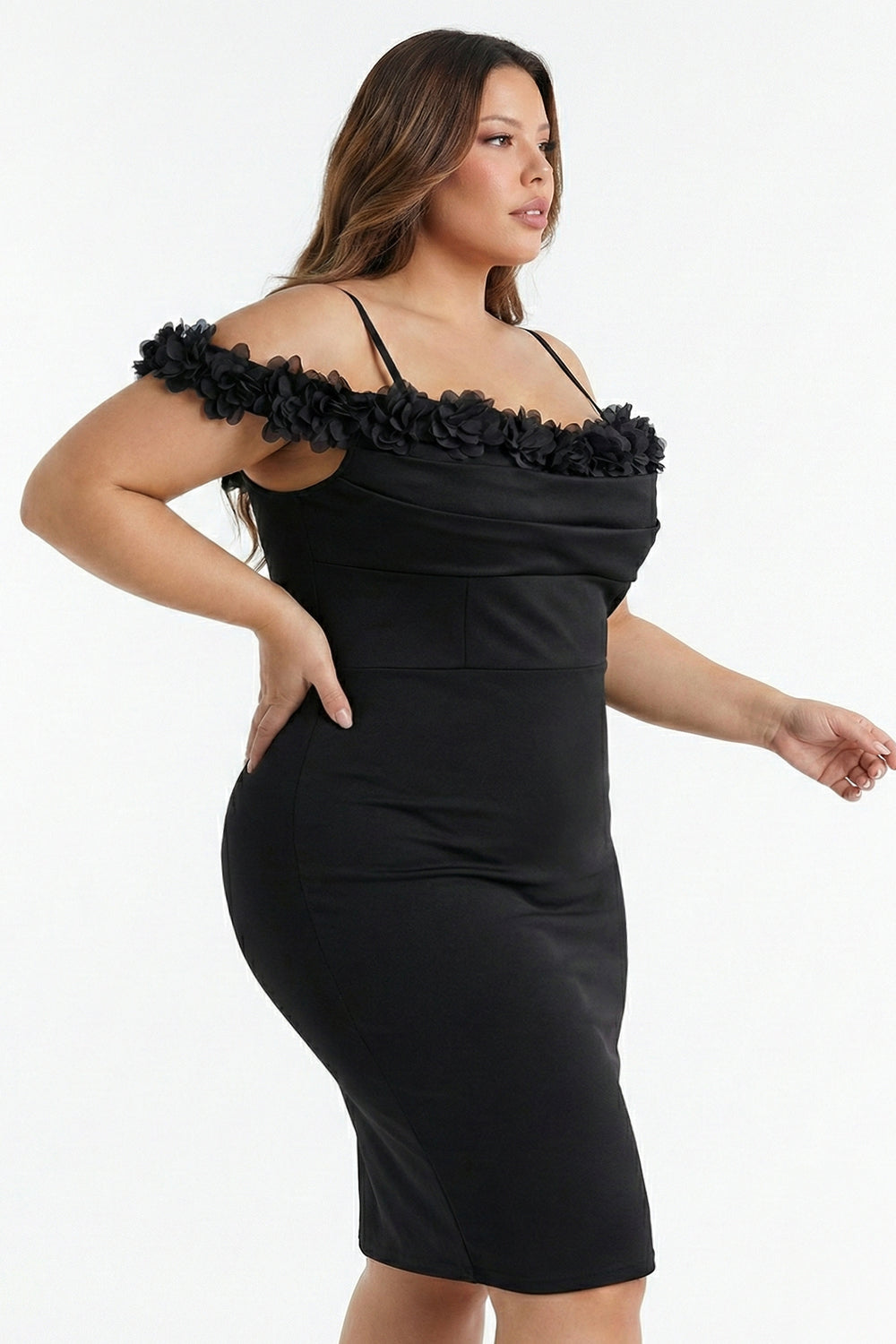 Symphony Plus Size Night Out Dress - Off The Shoulder Floral Appliques Plus Size Mini Dress
