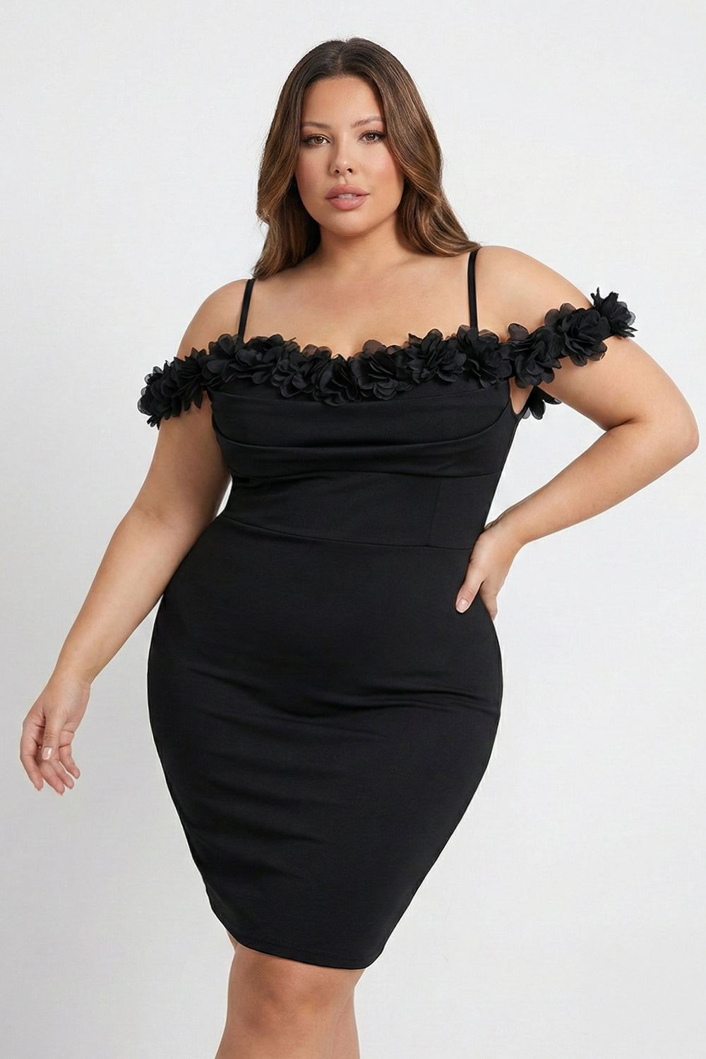 Symphony Plus Size Night Out Dress - Off The Shoulder Floral Appliques Plus Size Mini Dress
