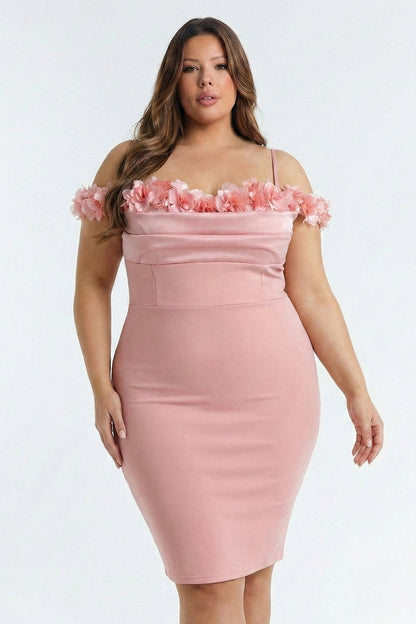 Symphony Plus Size Night Out Dress - Off The Shoulder Floral Appliques Plus Size Mini Dress