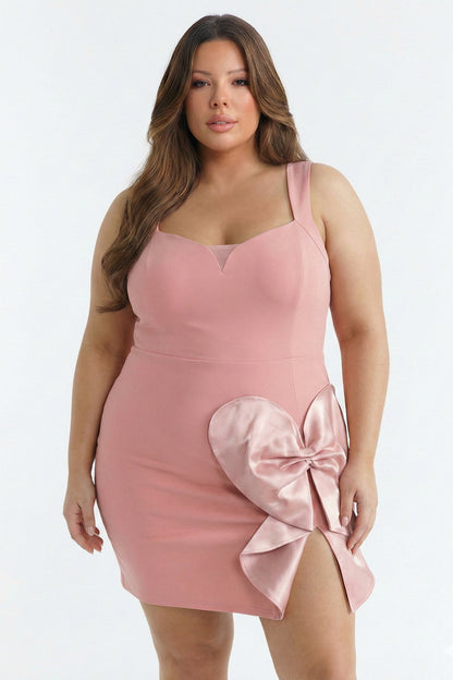 Plus Size Night Out Dress - Satin Bow Detail Fabric Contrast Plus Size Mini Dress