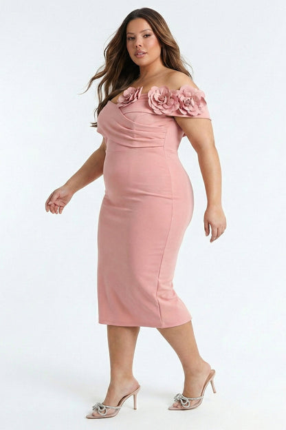 Plus Size Night Out Dress - Flower Corsage Side Detail Plus Size Midi Dress