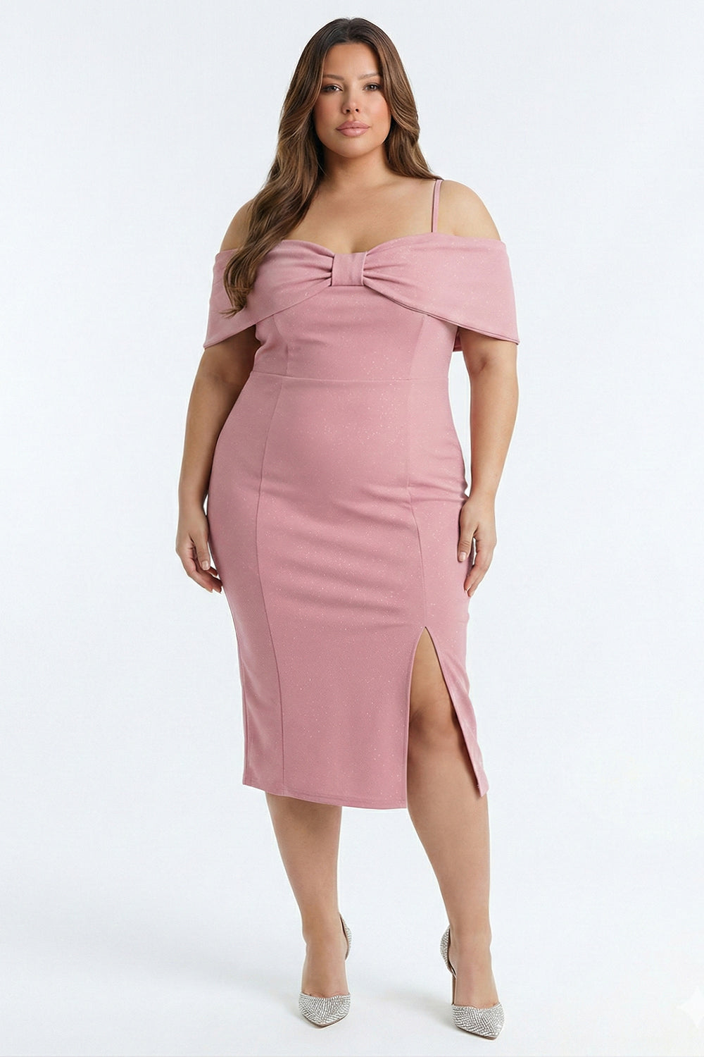 Plus Size Night Out Dress - Bow Front Off The Shoulder Plus Size Midi Dress