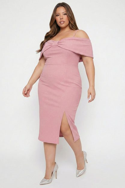 Plus Size Night Out Dress - Bow Front Off The Shoulder Plus Size Midi Dress
