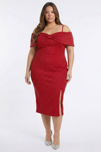 Plus Size Night Out Dress - Bow Front Off The Shoulder Plus Size Midi Dress