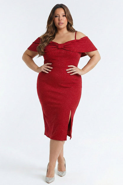 Plus Size Night Out Dress - Bow Front Off The Shoulder Plus Size Midi Dress