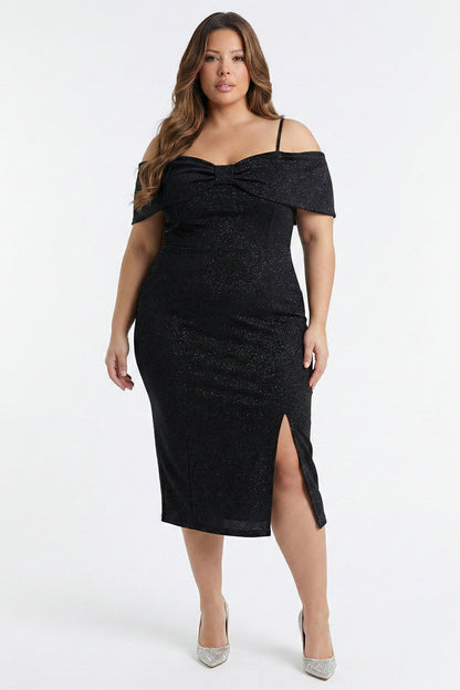 Plus Size Night Out Dress - Bow Front Off The Shoulder Plus Size Midi Dress