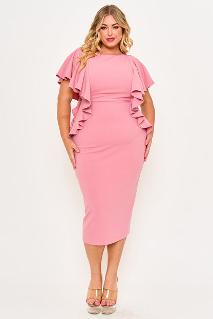 Plus Size Night Out Dress - Drop Shoulder With Ruffle Night Out Plus Size Midi Dress