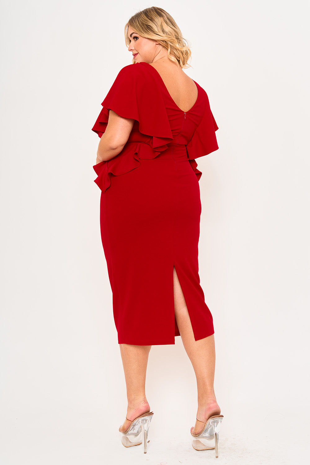 Plus Size Night Out Dress - Drop Shoulder With Ruffle Night Out Plus Size Midi Dress