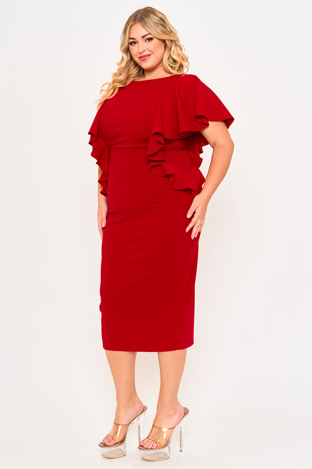 Plus Size Night Out Dress - Drop Shoulder With Ruffle Night Out Plus Size Midi Dress
