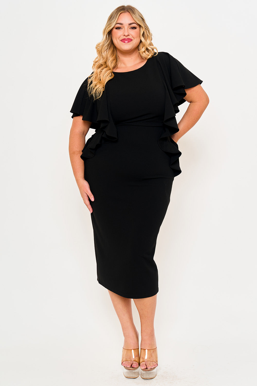Plus Size Night Out Dress - Drop Shoulder With Ruffle Night Out Plus Size Midi Dress