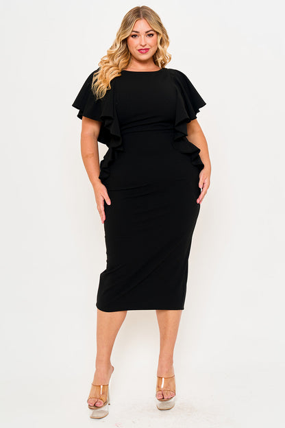 Plus Size Night Out Dress - Drop Shoulder With Ruffle Night Out Plus Size Midi Dress