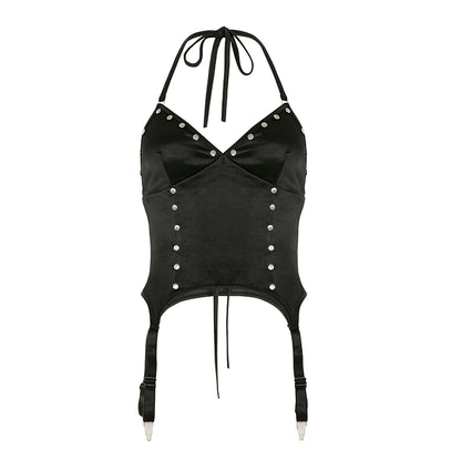 Camisola sexy ajustada de PU con diseño de remaches de satén empalmados para mujer, blusas de moda retro Gyaru Darkly Punk