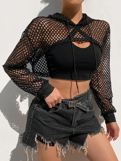 Summer Mesh Sexy T Shirt Women Hollow Out Smocked Crop Tops Long Sleeve Hoodies Tees Shirt Fishnet T-shirt Ladies