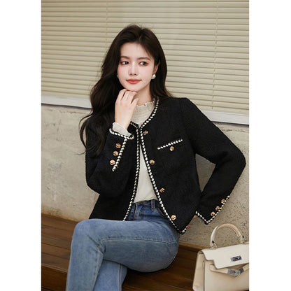 Chaqueta de tweed corta vintage para mujer, abrigo acolchado negro, elegante blazer de invierno para mujer, abrigo grueso de un solo pecho.