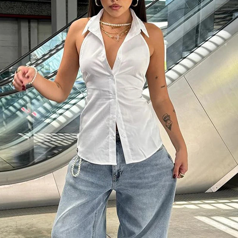 Camiseta blanca sexy con cordones y espalda descubierta para mujer, sin mangas, con cuello vuelto, botones y estilo chic.