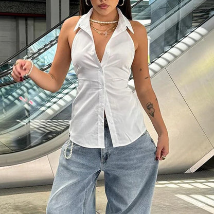 Camiseta blanca sexy con cordones y espalda descubierta para mujer, sin mangas, con cuello vuelto, botones y estilo chic.