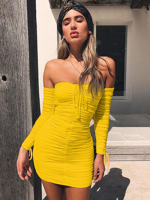 Vestido Bandage ajustado para mujer, sexy, con hombros descubiertos, manga larga, elástico, para fiesta, Otoño e Invierno