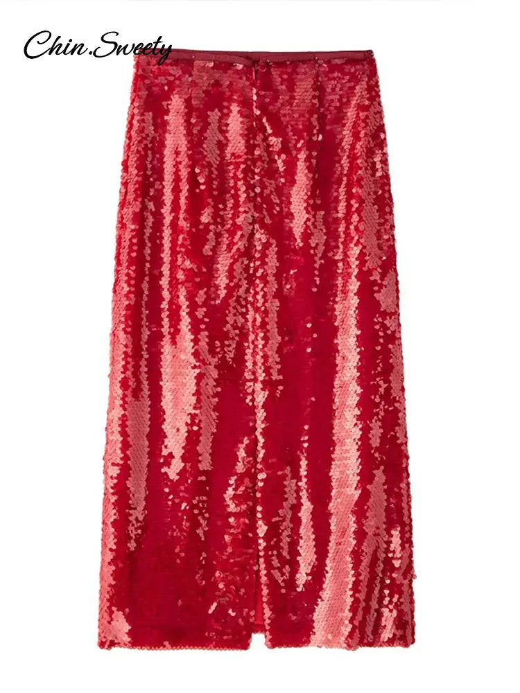 Sequins Red Christmas Sequin Skirts For Women Shiny Split Loose High Waist Straight Skirt 2025 Spring Party Y2K Streetwear New