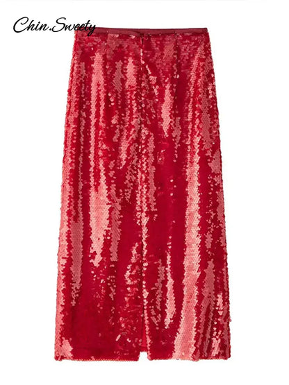 Sequins Red Christmas Sequin Skirts For Women Shiny Split Loose High Waist Straight Skirt 2025 Spring Party Y2K Streetwear New