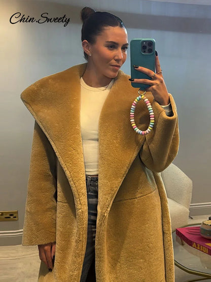 Abrigos largos elegantes de piel sintética con cinturón, solapa grande, manga larga y bolsillo, abrigos de felpa para mujer, ropa de calle de invierno 2025