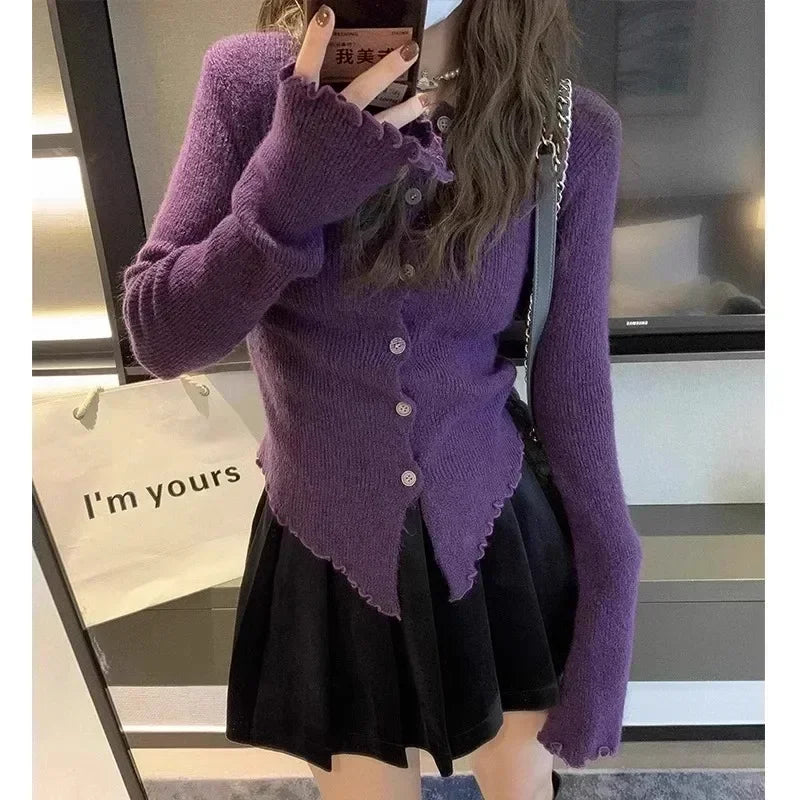 Cárdigan de otoño Hotsweet de manga larga con una sola botonadura para mujer, suéter sexy informal de punto de color liso con cuello redondo