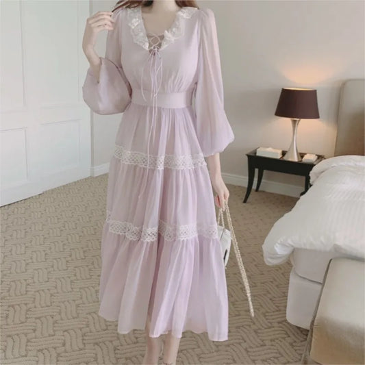 Vestidos midi de hada vintage franceses para mujer, manga farol, cintura alta, escote en V, corte A, vestido de fiesta princesa, vestidos casuales para mujer