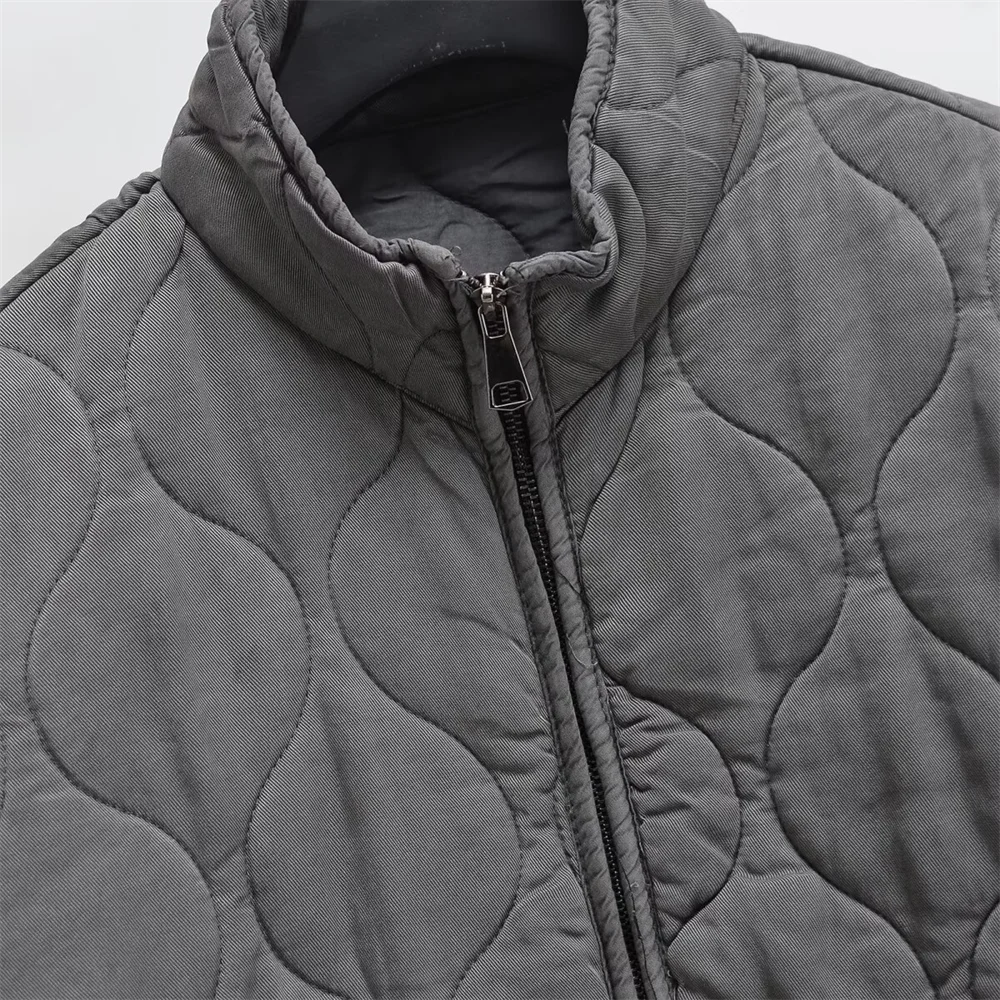 Abrigo de algodón con cuello alto, holgado, con bolsillos y rejilla de rombos para mujer, estilo de invierno, para uso diario y tiempo libre