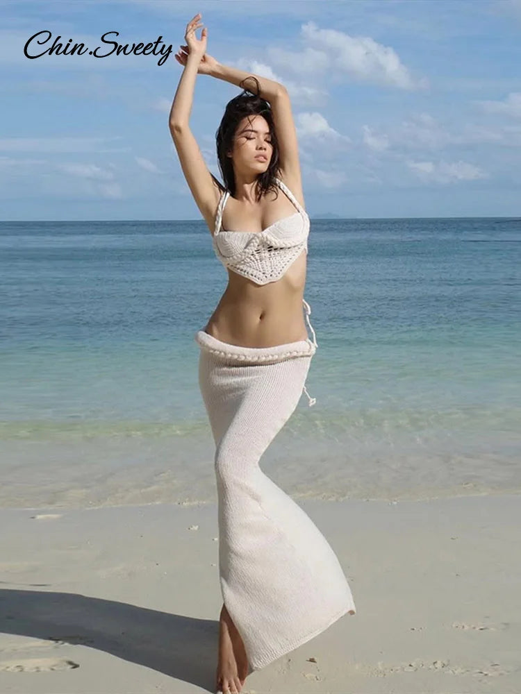 Sexy Bikini Long Skirt Set Women Sleeveless Backless Sling Vest Low Waist Hip Package Skirt 2025 Lady Holiday Beachwear Cover Up