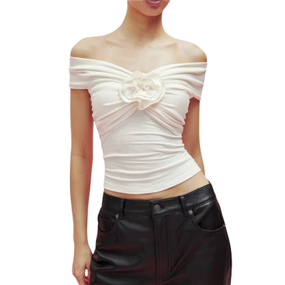 y2k Clothes 2000s Crop Top Summer Women Contrast/Solid Color Off Shoulder Sleeveless T Shirt with 3D Flower Streetwear