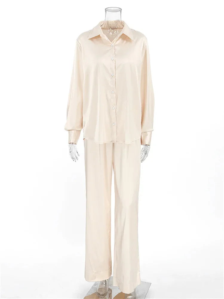Fashion Commute 2 Piece-Set Trousers Ladies Casual Solid Shirts And High Waist Wide Leg Clothes Outfits Women’s Pants Sets