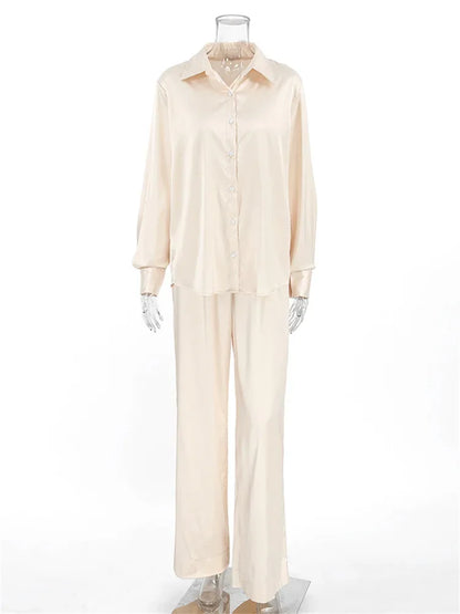 Fashion Commute 2 Piece-Set Trousers Ladies Casual Solid Shirts And High Waist Wide Leg Clothes Outfits Women’s Pants Sets