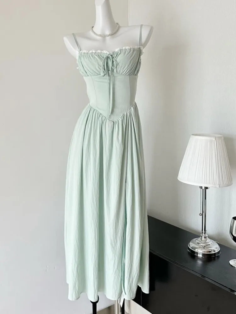 Vestido midi de verano con tirantes finos y espalda descubierta para mujer, sin mangas, con cordones, estilo playero, moda coreana, de una pieza