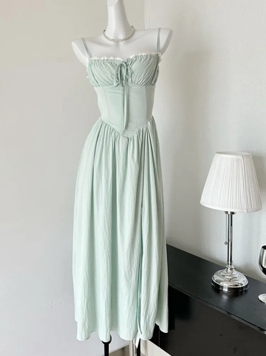 Vestido midi de verano con tirantes finos y espalda descubierta para mujer, sin mangas, con cordones, estilo playero, moda coreana, de una pieza