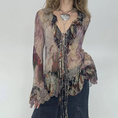 Blusa de manga larga acampanada con volantes y estampado floral para mujer, estilo grunge de los años 2000, ropa urbana Y2K