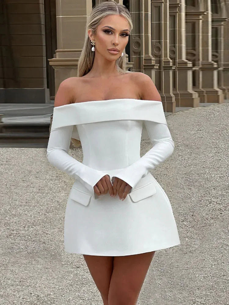 Vestido sexy de un solo hombro, corte A, para mujer, otoño, nuevo, elegante, ajustado, minivestido acampanado de manga larga, vestidos de fiesta para mujer.