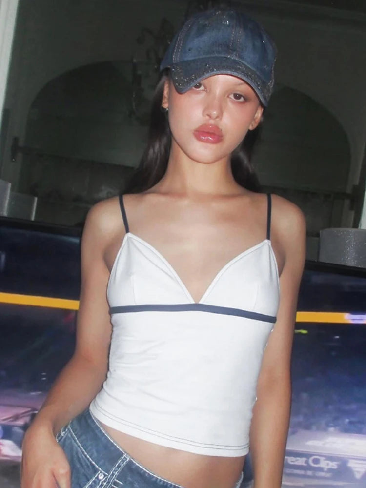 V-Neck Halter Tops Women Edgy Clothes Summer Outfits Y2k Accessories White Corset Black Line Ropa De Mujer Cute Camison Verano